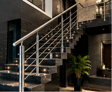 Modern stainless steel staircase railing in a premium interior