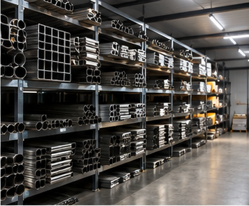 Stainless steel pipes and sections stocked on racks